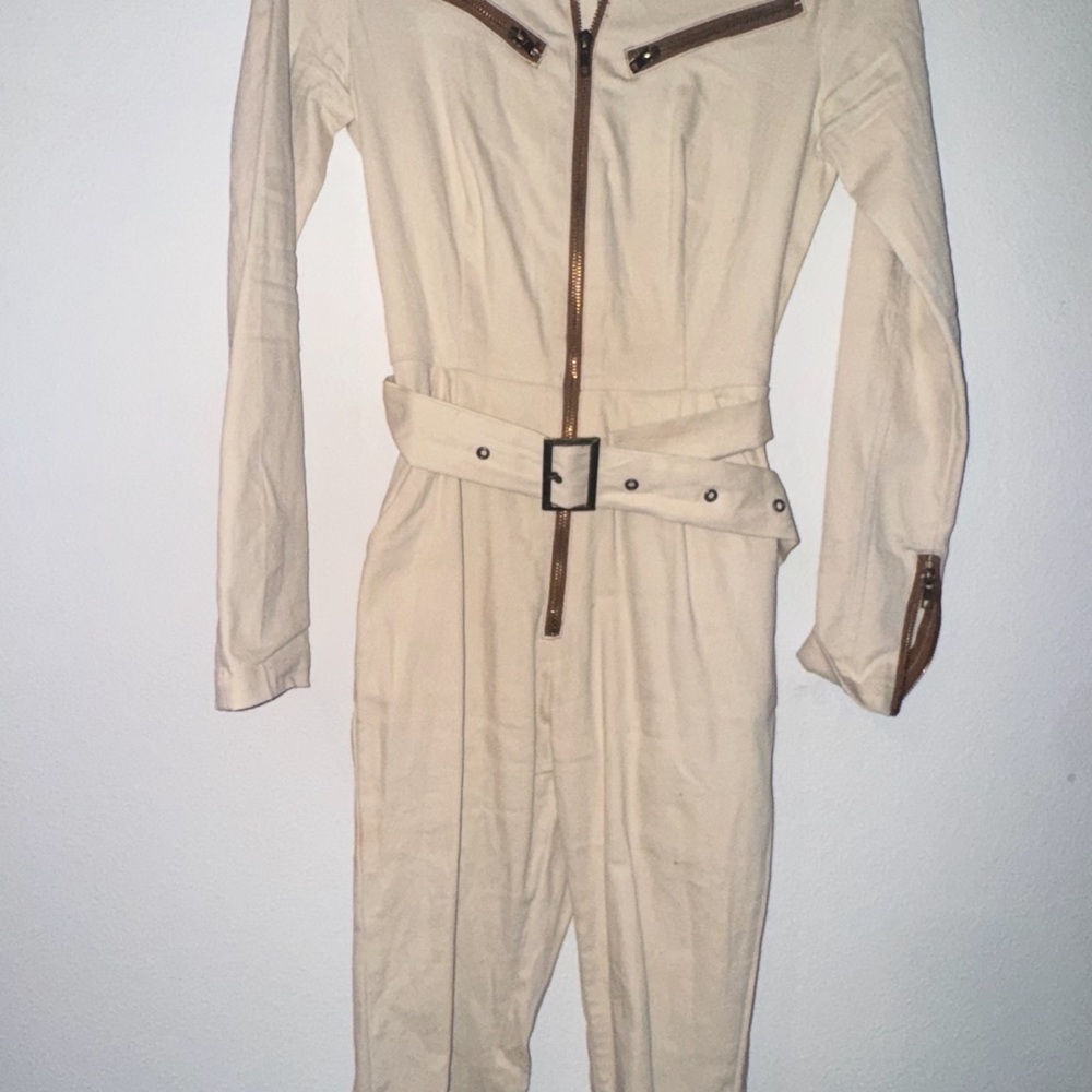 Fashion Nova Cream Jumpsuit with Brown Accents